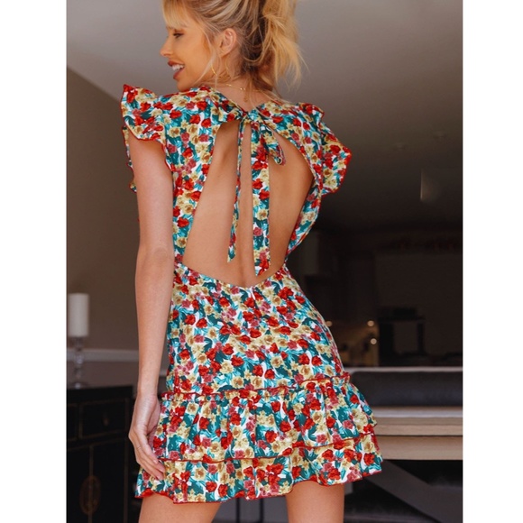 Backless Floral Print Mini Dress Deep V Neck - Picture 2 of 16